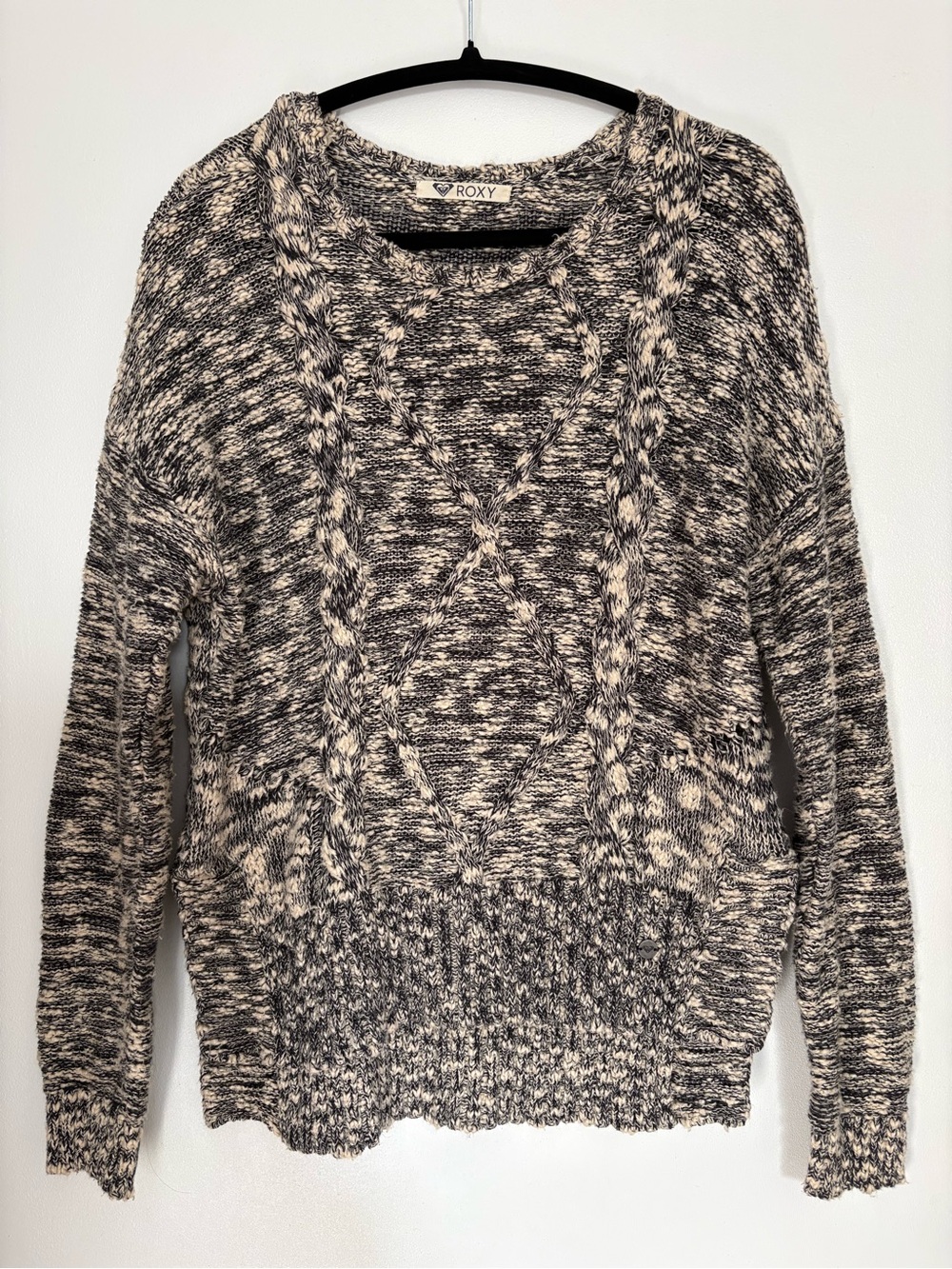 Roxy Marled Black and Cream Cable Knit Crewneck Sweater